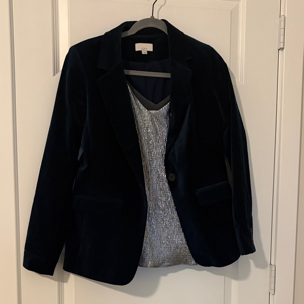 LOFT Dark Green Blazer with Silver Camisole Set